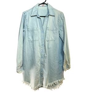 Mazik Denim Shirt Dress Women's Large Fringed Pale Blue Knee Length Super Faded